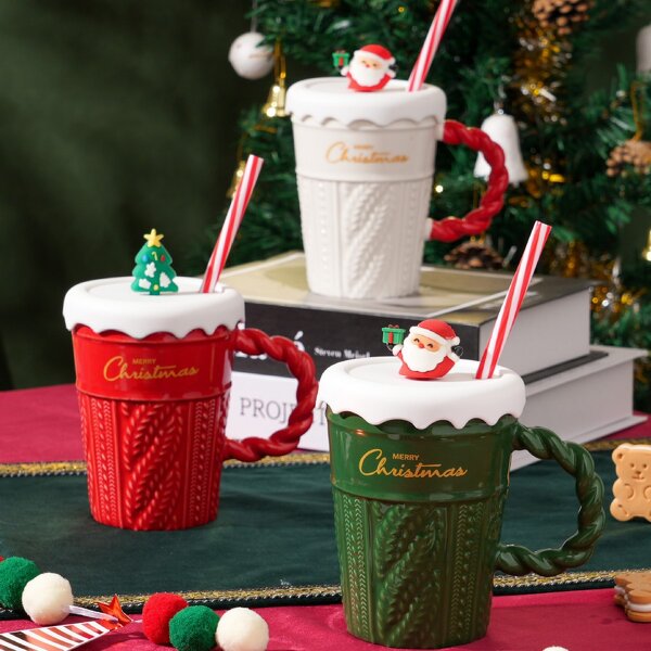 Ceramic Cups Manufacturer - Classic Christmas Party Souvenir Gift Santa Tree Design With Lid 400ml Coffee Mugs