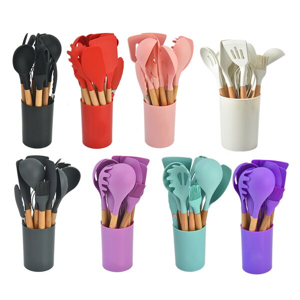 Cooking Tools Set Manufacturer - Custom 12 Pcs Set Silicone Kitchenware Accessories Spatula Stirring Kitchen Utensils Wooden Handle