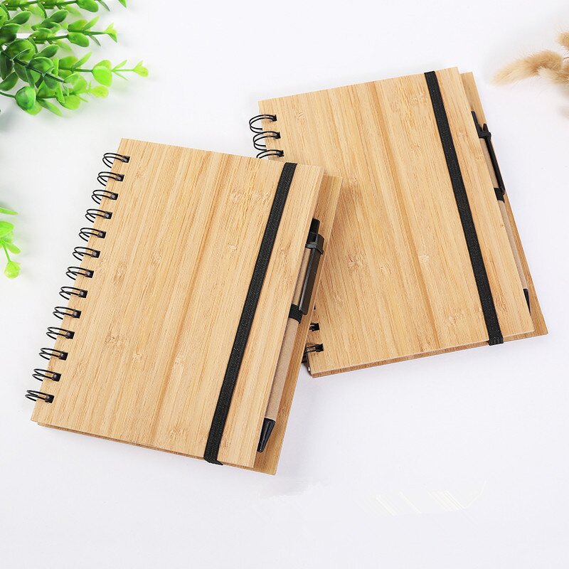 Notebook Manufacturer - Eco Custom Design Spiral Binding Hardcover Recycle Wood Bamboo Cover with Pen