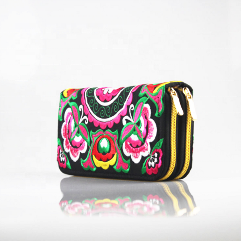 Handbag Manufacturer - Wholesale Double Zipper Embroidery Craft Wallet Bag for Women