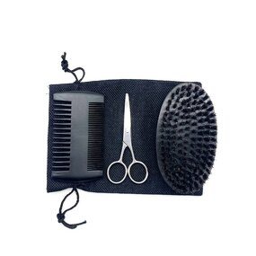Beard Grooming Kit Manufacturer - Wholesale Custom logo Men Beard Care Set Black Bag Boar Bristle Beard Brush Wooden Comb with Scissor