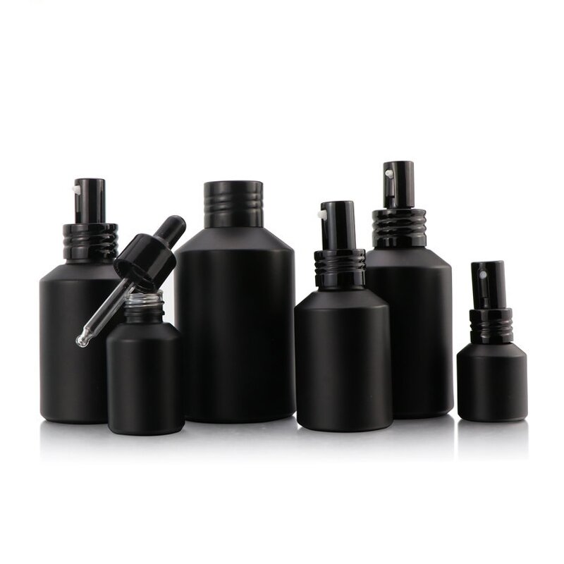 Cosmetic Pump Bottle Manufacturer - Men's Skincare Cream Jar 15ml to 120ml Matte Black Glass with Screw Cap for Face Lotion