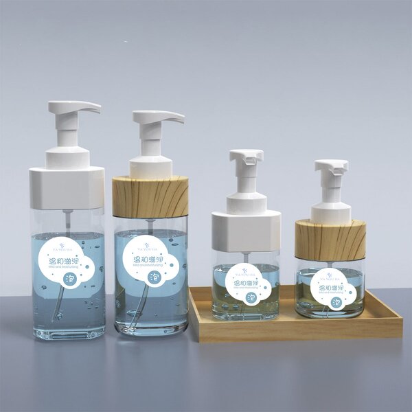 Foam Bottle Manufacturer - Deluxe 300ml 500ml PET Clear Hand Sanitizer with Wood Grain Pump Head Flat Mousse Foam Sealing