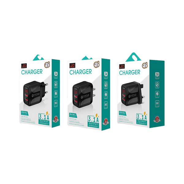 Wall Charger - Manufacturer US/EU/UK Plug Dual Ports Led Digital Display 5v 3.1A