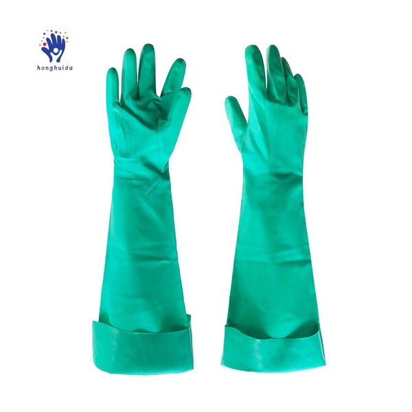 Industrial Nitrile Gloves Manufacturer - Customized 50cm Green Medium Thickness Durable Acid Alkali & Cutting Resistant