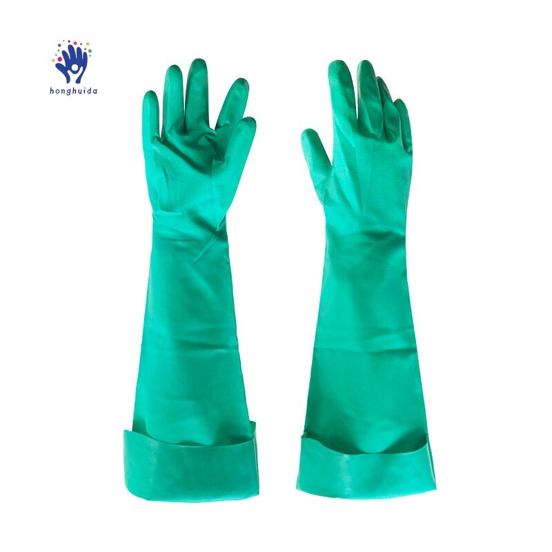 Industrial Nitrile Gloves Manufacturer - Customized 50cm Green Medium Thickness Durable Acid Alkali & Cutting Resistant