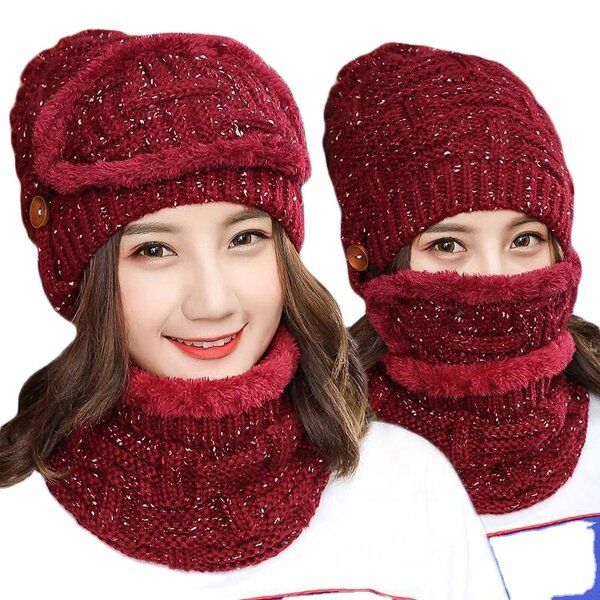 Ski Set Manufacturer - 2PCS Knitted Winter Warm Women Thicken Beanies and Ring Scarf Female Accessories Girls Gift