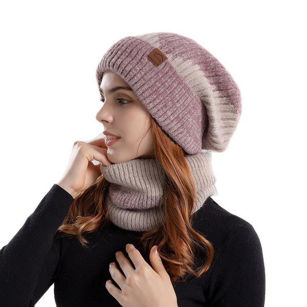 Knitted Beanie Manufacturer - Winter Two-Color Two-Piece Women's Thickened Woolen Hat Fleece-Lined Ear Protection Scarf