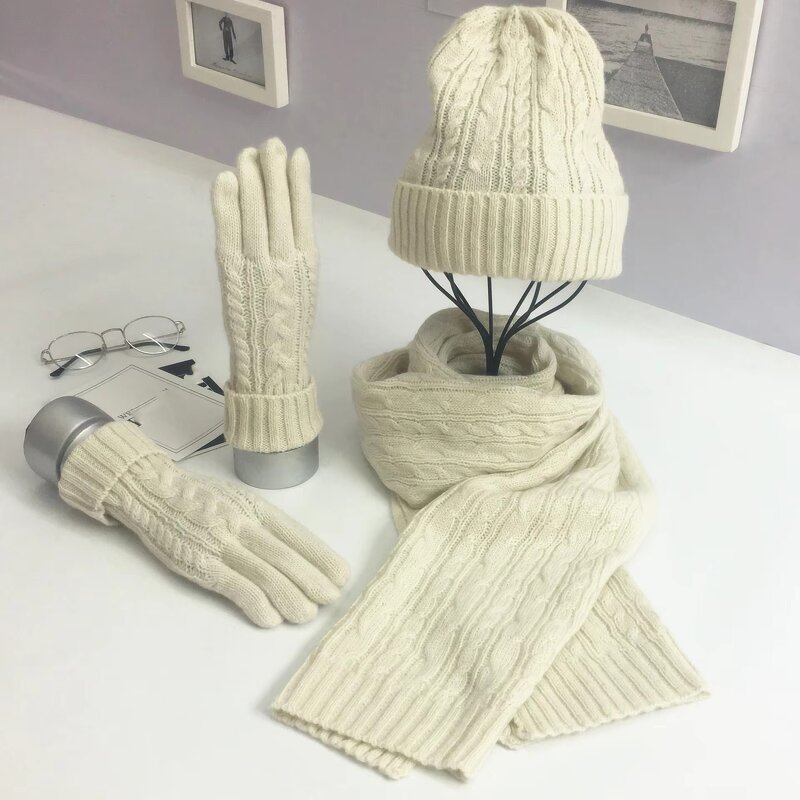 Winter Set Manufacturer - Autumn and Winter Three-Piece Classic Twist Warm Hat Scarf Glove Set Embroidered Square