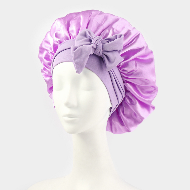 Women's Sleep Hat Manufacturer - Elastic Satin with Bow Ribbon Beauty Hair Care Nightcap Made Silk for Casual