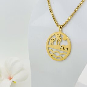No Tarnish Stainless Steel Pendant Necklace Manufacturer - FIJI Name Plate Necklace with Figaro Chains