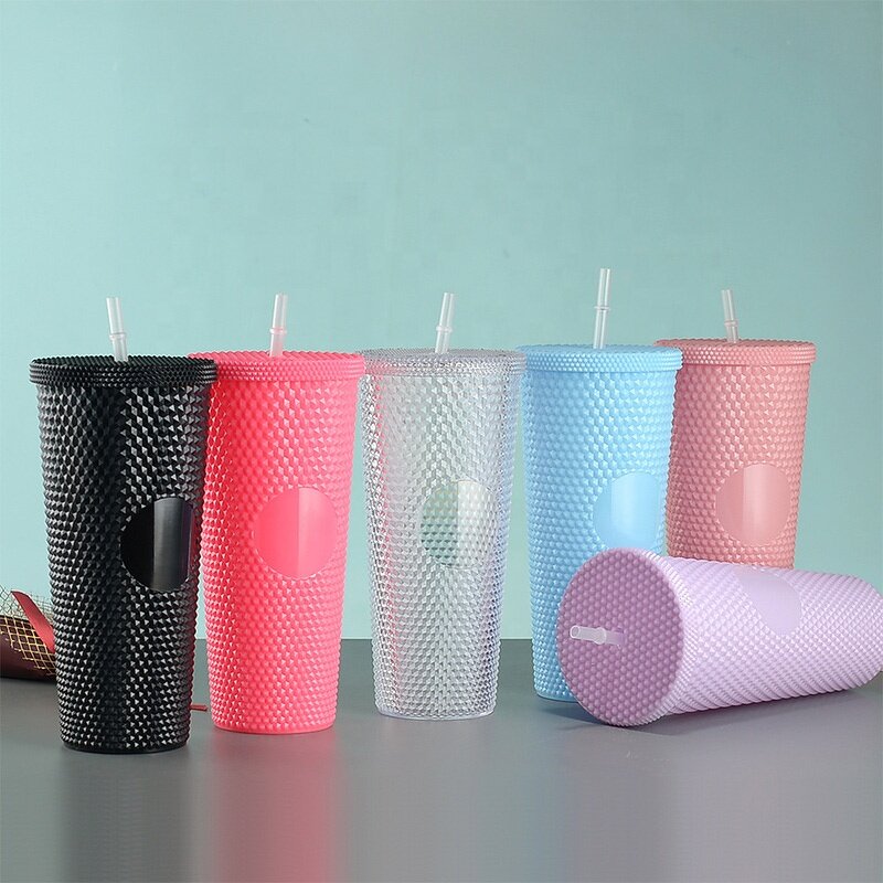 Studded Drink Coffee Tumbler Manufacturer - Promotional Gift 30oz 1000ml Pink with Logo Straw and Lid