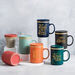 Ceramic Tea Infuser Mug Manufacturer - Promotional Corporate Gift 380ml Glaze Gold Rim Sublimation with Lid Handle BPA Free Dishwasher Safe