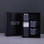 Tea Coffee Flask Manufacturer - Promotional Gift 500ml Black Leakproof Double Wall Stainless Steel Vacuum Thermos with 3 Cups
