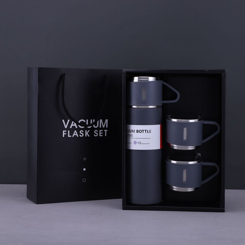 Tea Coffee Flask Manufacturer - Promotional Gift 500ml Black Leakproof Double Wall Stainless Steel Vacuum Thermos with 3 Cups