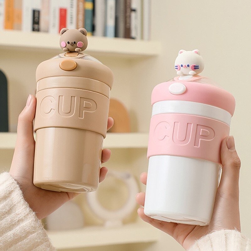 Glass Water Bottle Manufacturer - Cute Bear Design Transparent Leak-Proof with Lid Straw for Coffee Milk Tea Portable