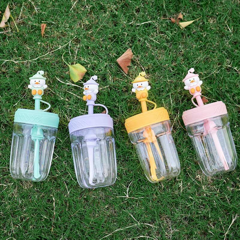 Kids Acrylic Tumbler Manufacturer - Customized 400ml Bpa Free Cute Cartoon Duck Double Layer Clear Plastic with Straw Lid