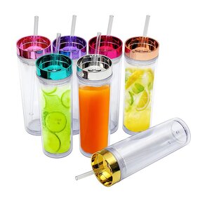Acrylic Cup Tumbler Manufacturer - Cheap Giveaway Gift 16oz Clear Double Wall Skinny with Electroplated Gold Lid Straw
