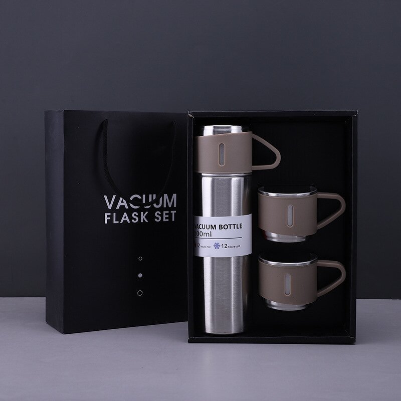 Travel Water Bottle Manufacturer - Birthday Return Gift 17oz Silver Insulated Stainless Steel Vacuum with Three Coffee Cups