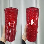 Studded Cold Drink Coffee Tumbler Manufacturer - Wholesale 24 oz Crazy Red Double Wall with Bow Straw