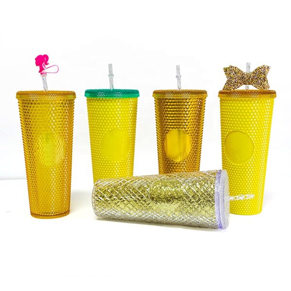 Studded Tumbler Cup Manufacturer - Customized 24 Ounce Plastic Double Wall Yellow Cold Water with Lid Straw