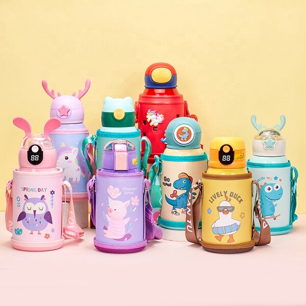 Kids Water Bottle Manufacturer - Cartoon Children 500ml Portable Cute Leak-Proof Vacuum Thermos With Bag and Straw