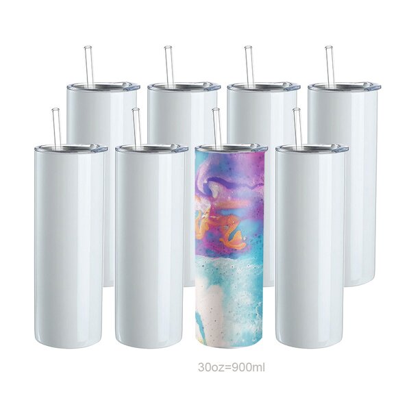 Sublimation Tumbler Manufacturer - Ready to Ship 30oz White Flat Bottom Stainless Steel Skinny Straight Blanks with Straw Lid