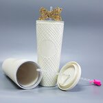 Studded Tumbler Cup Manufacturer - Luxury Personalized 750ml 24oz White Double Wall Cold Brew Coffee with Bow Straw