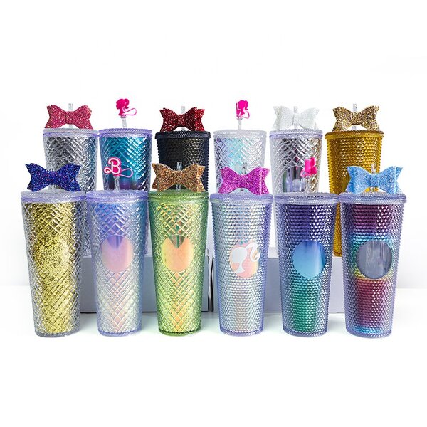 Studded Coffee Cup Tumbler Manufacturer - Business Gift 24 oz Bling Glitter Diamond Silver with Straw