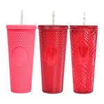 Studded Cold Drink Coffee Tumbler Manufacturer - Wholesale 24 oz Crazy Red Double Wall with Bow Straw