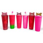 Studded Cold Drink Coffee Tumbler Manufacturer - Wholesale 24 oz Crazy Red Double Wall with Bow Straw