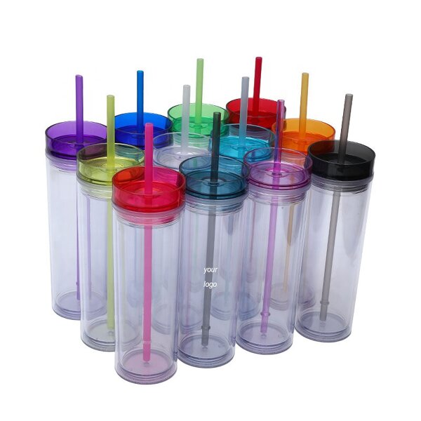 Acrylic Tumbler Coffee Cup Manufacturer - Promotional 16oz Transparent Double Wall Skinny with Colorful Lid Straw Business Gift