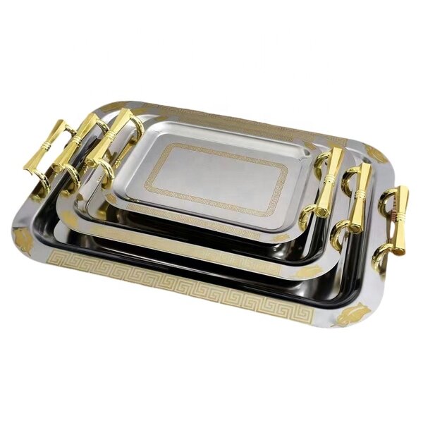 Serving Tray Manufacturer - Stainless Steel Silver Rectangular with Handles Arabic Style