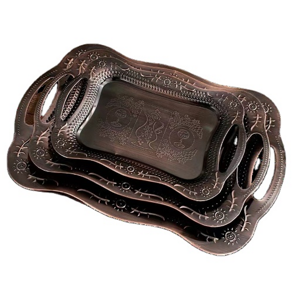 Wedding Tray Manufacturer - Luxury Rectangle Emboss Gold Stainless Steel with Double Handle