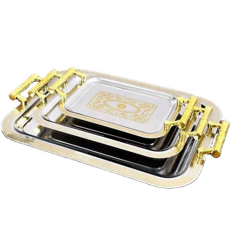 Serving Tray Manufacturer - Stainless Steel Silver Gold Rectangular Arabic Style Metal Pattern