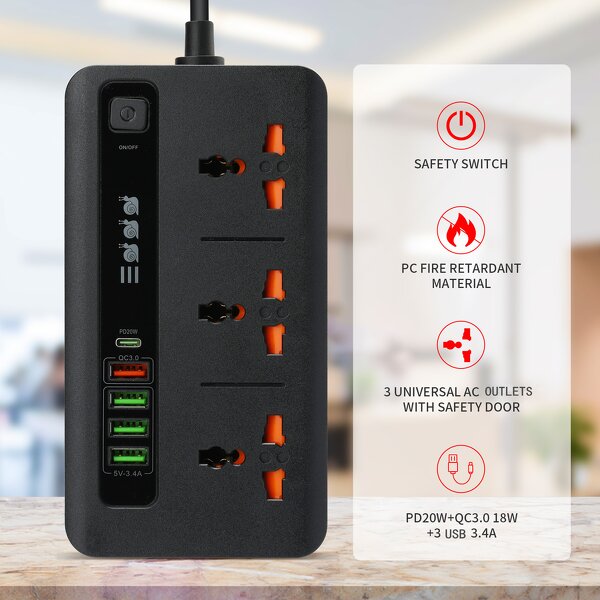 Universal Power Strip Receptacle Manufacturer - PD20W QC3.0 Charger Surge Protector Power Outlet with USB 4 Sockets Type-C Extension Receptacle