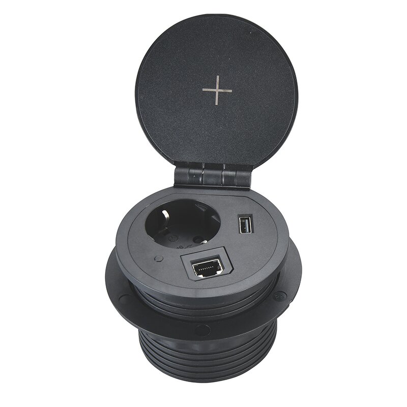 80mm Desktop Power Socket Manufacturer - 1 European Power and Wireless Charger Round Power Outlet with USB and Data