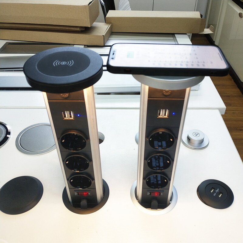 80mm Hidden Kitchen Counter Manual Pop-up Socket Manufacturer - EU Power Outlet Tower USB LED Socket Tabletop Wireless Charging Socket