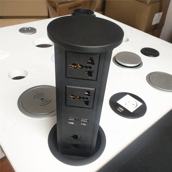 Automatic Pneumatic Hydraulic Tabletop Kitchen Pop-up Tower Socket Manufacturer - 2 Universal Socket 2 Cat6 Data Port 2 USB Charging