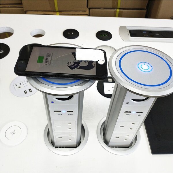 UK Plug Intelligent Motorized Pop-up Desktop Socket Manufacturer - with Speaker Top Wireless Charger Smart Electric Kitchen Pop-up Socket