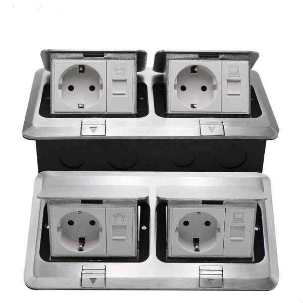3F Series Aluminum/Cropper Panel Pop-up Floor Socket Manufacturer - EU Standard Power Double Outlet 2 USB With Phone Port RJ45 Internet Jack