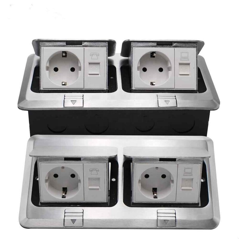 3F Series Aluminum/Cropper Panel Pop-up Floor Socket Manufacturer - EU Standard Power Double Outlet 2 USB With Phone Port RJ45 Internet Jack