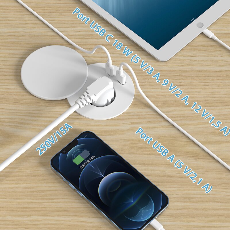 EU Circular Desktop Tabletop Socket Manufacturer - NFC ABS Material Waterproof Cover USB A+C Power Outlet