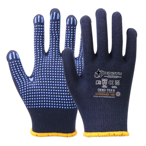 Blue Black Double-Sided Dotted Gloves Manufacturer - Cotton PVC Polyester Fabric Sweat Absorbing Anti-Cut Anti-Slip Brick Safety
