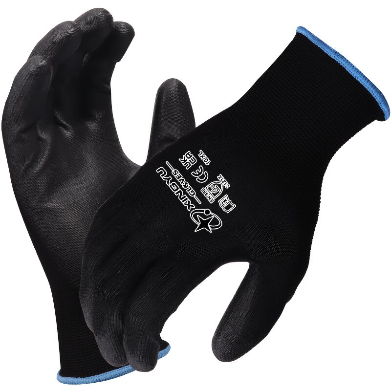 EN388 Black PU Palm Dipped Gloves Manufacturer - 13 Gauge Poliester Coating Knitted Nylon PU Coated Protective Work Safety