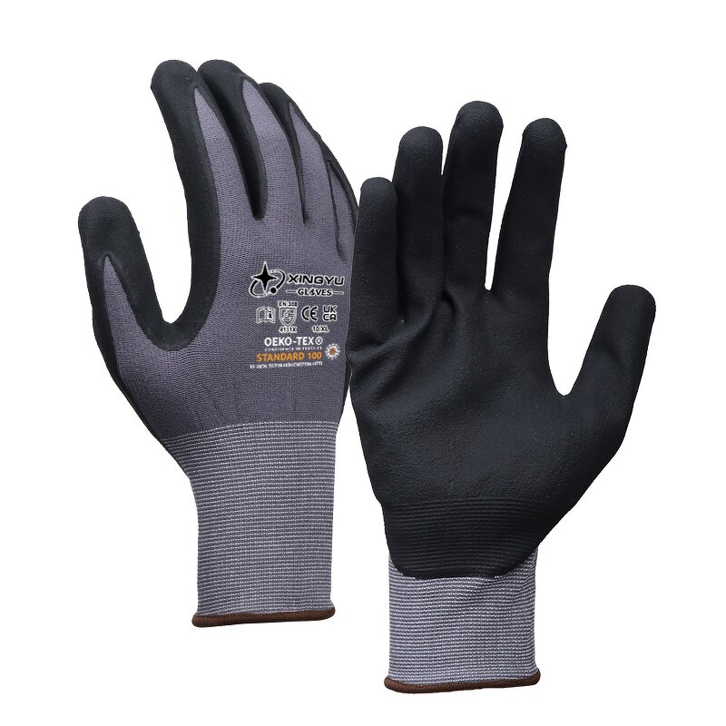 High Flexibility Comfortable 15 Gauge Nylon Spandex Gloves Manufacturer - Grey Garden Construction Work Nitrile Foam Safety