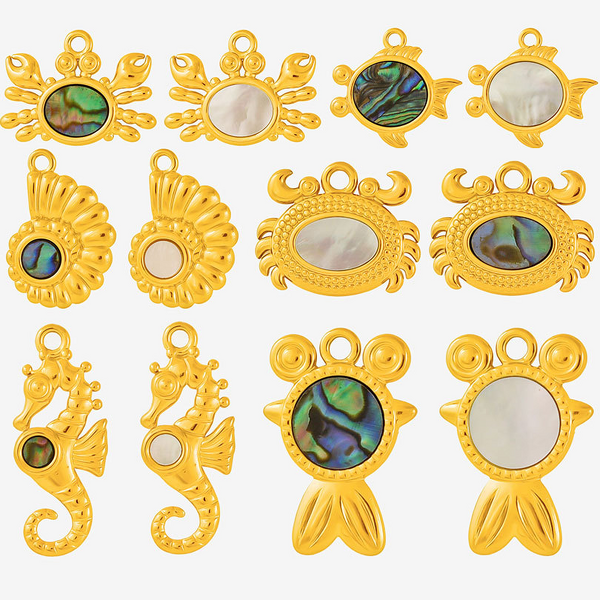 Stainless Steel Marine Series Pendant Manufacturer - 304 Punk Style Seahorse Crab Goldfish Natural Shell 18K Gold Plated DIY Necklace Jewelry