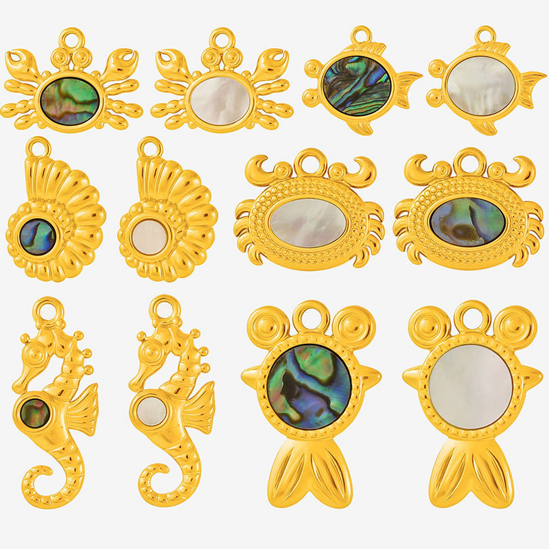 Stainless Steel Marine Series Pendant Manufacturer - 304 Punk Style Seahorse Crab Goldfish Natural Shell 18K Gold Plated DIY Necklace Jewelry