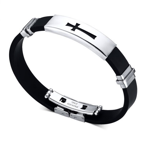 Silicone Cross Bracelet Manufacturer - GJB003 Father's Day Gift Women Men Christian Cross Jewelry Stainless Steel Bangle Rubber for Family