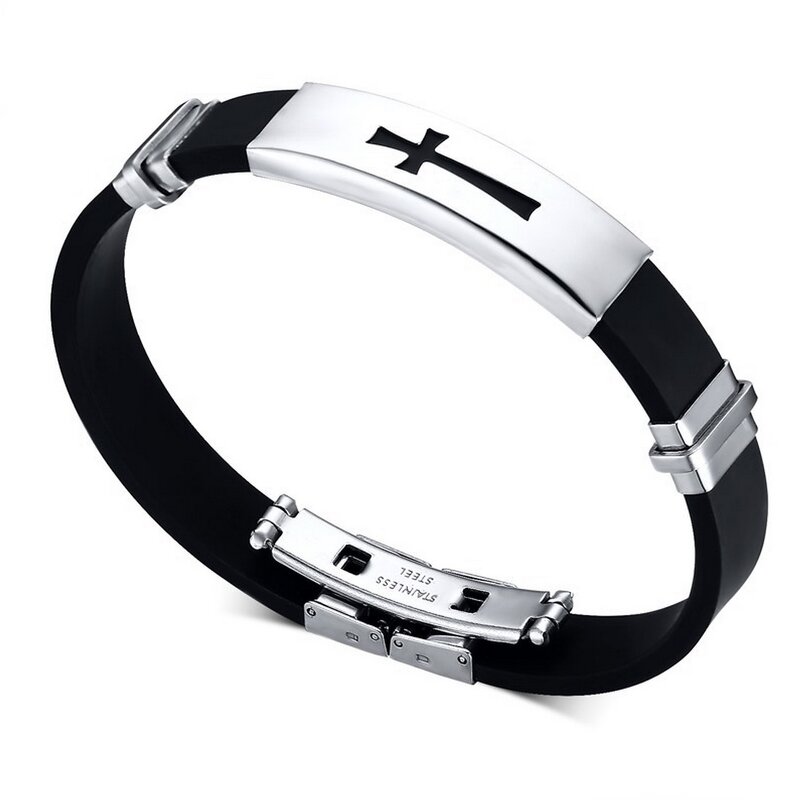 Silicone Cross Bracelet Manufacturer - GJB003 Father's Day Gift Women Men Christian Cross Jewelry Stainless Steel Bangle Rubber for Family